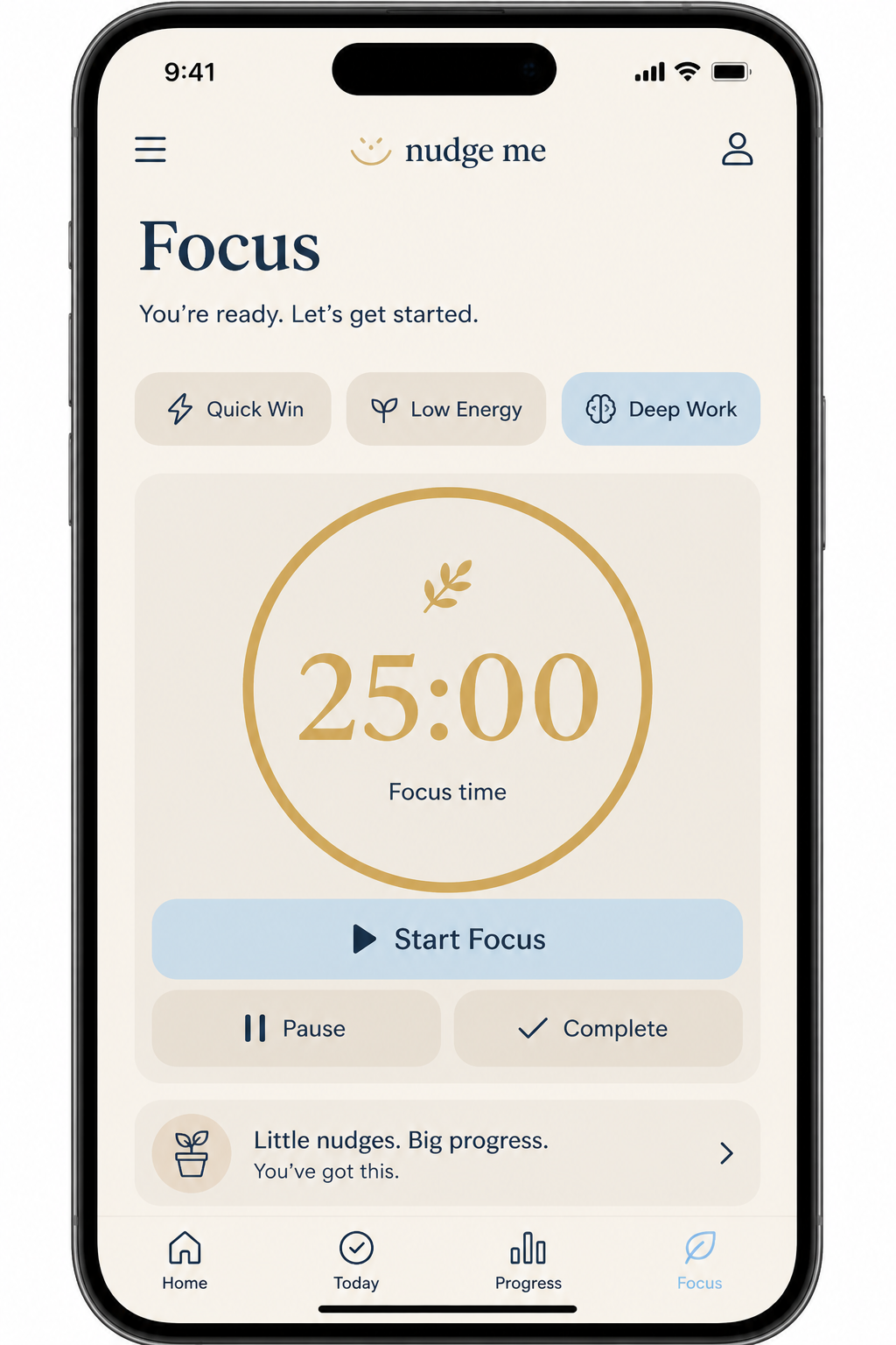 Focus timer screen with Deep Work mode and 25 minute timer