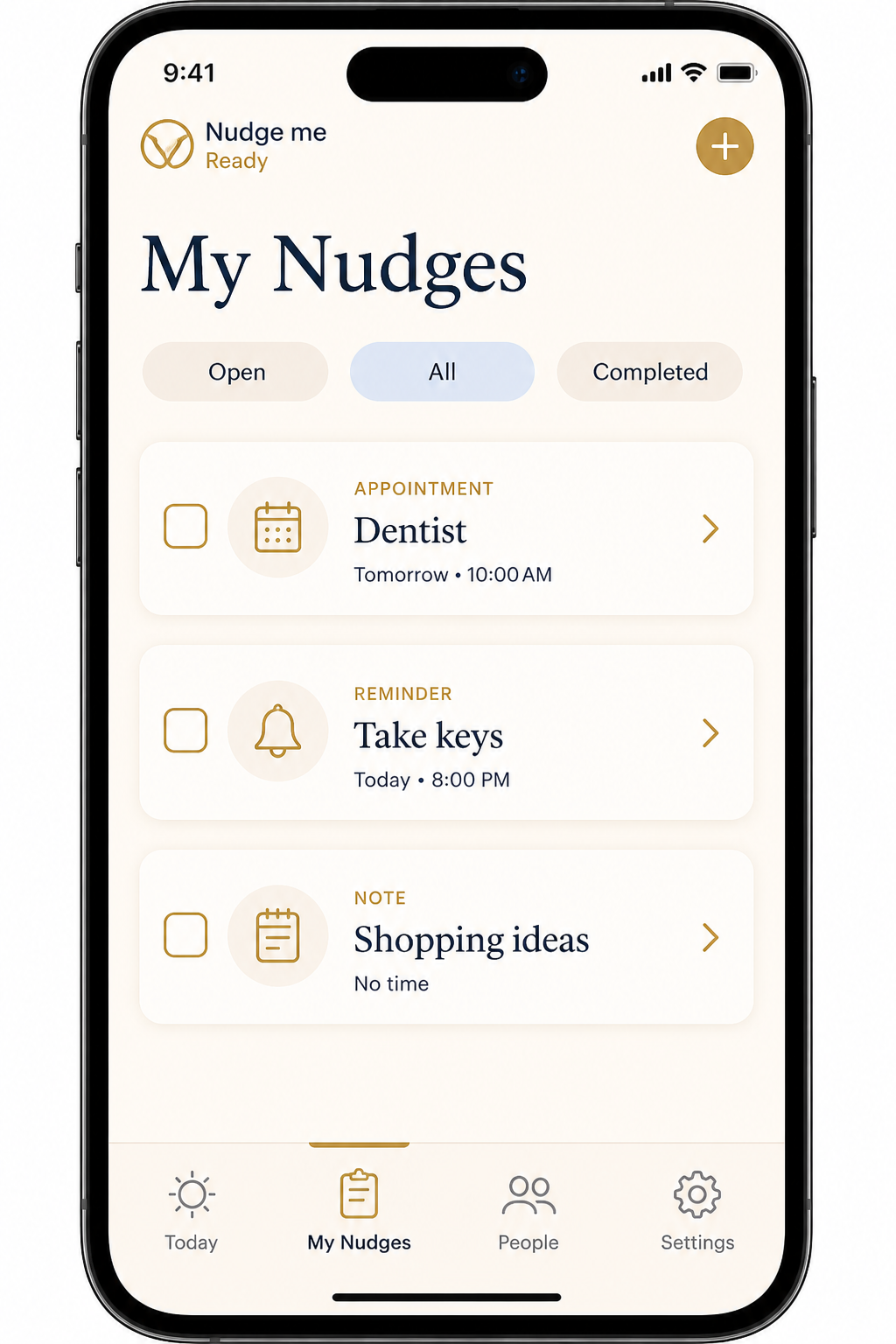 My Nudges list with Open filter and sample appointments and reminders