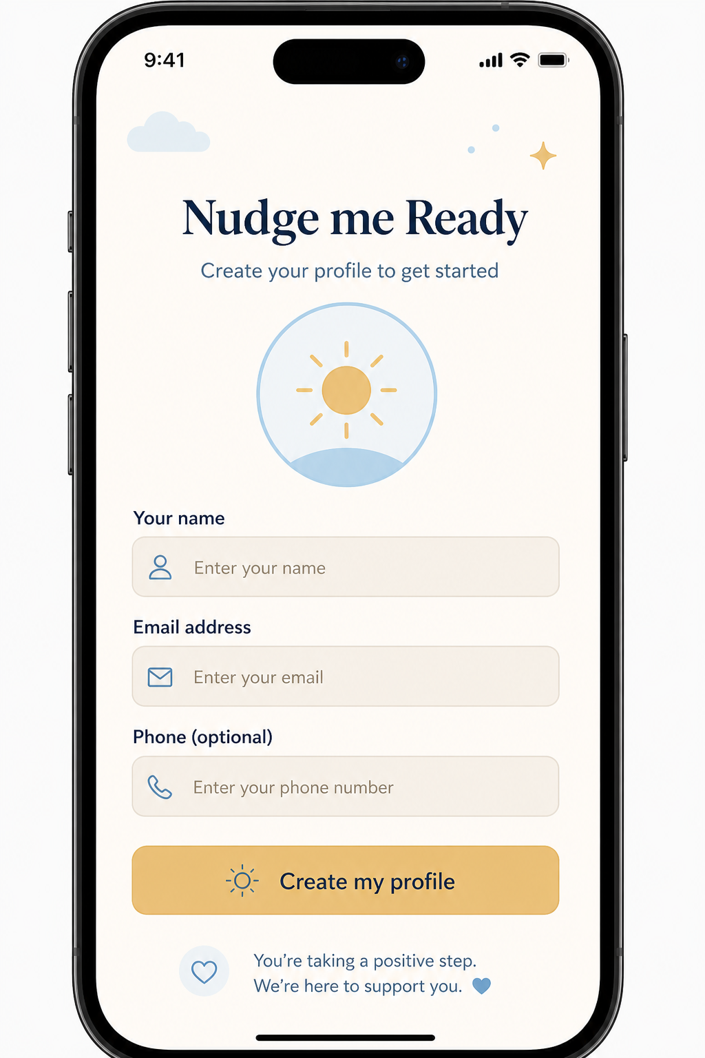 Registration screen with name, email, phone, and Create my profile
