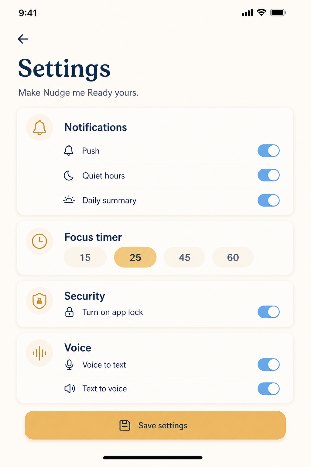Settings overview with notifications, focus timer, security, and voice